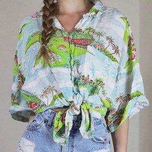amazing vintage button up aloha shirt with watercolor hawaii scene